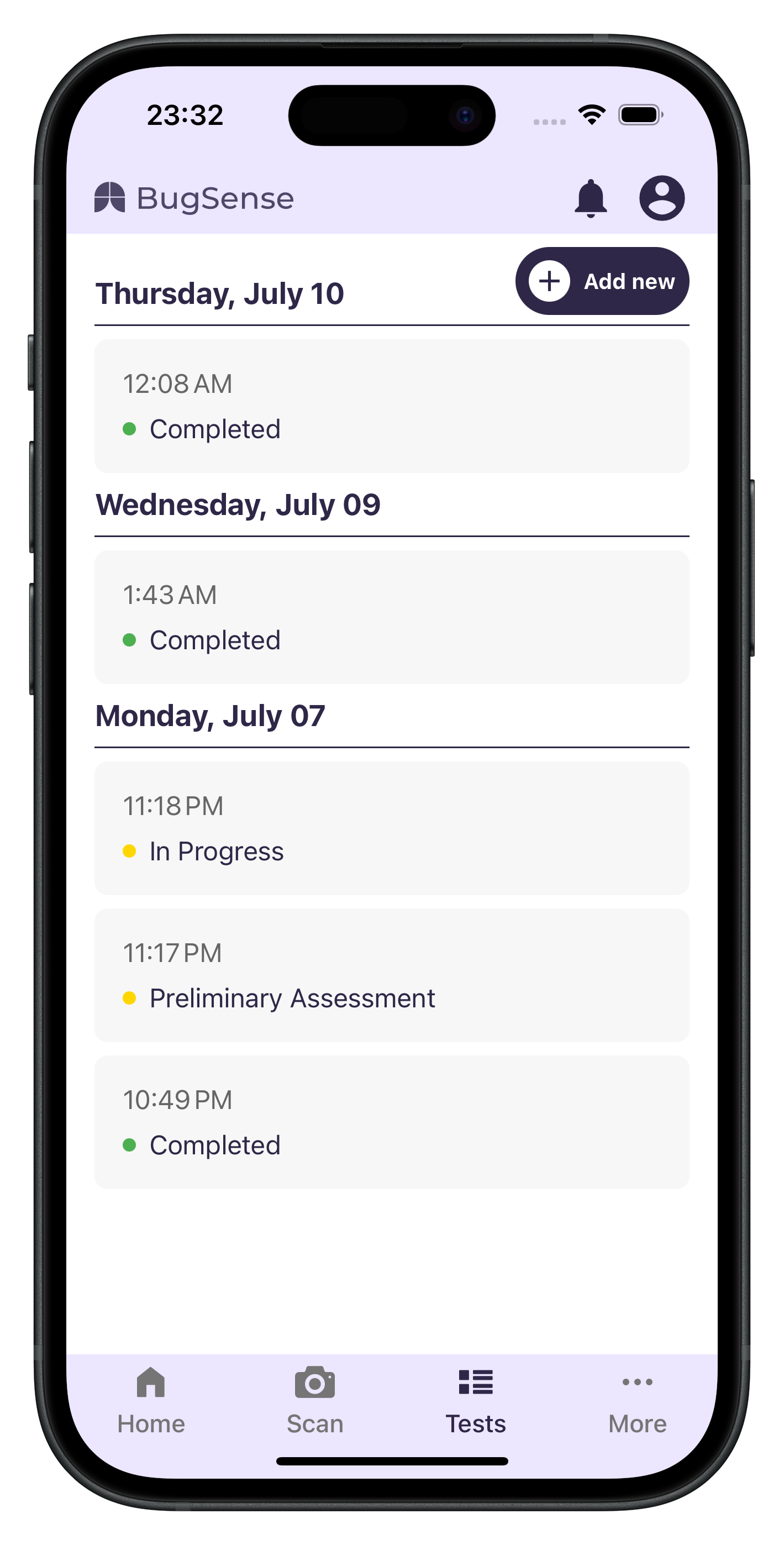 BugSense app showing test results